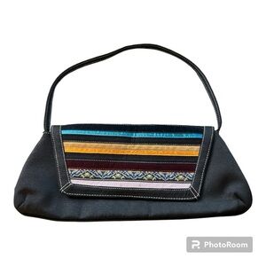 Retro 60's style Black Shoulder Bag With Multicolored Fabric Tapestry Accents